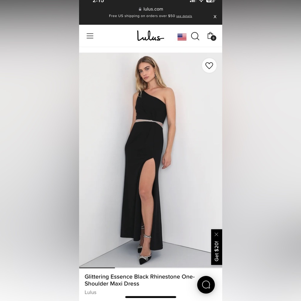 Lulu’s Glittering Essence black rhinestone one shoulder maxi dress, NWT, size S